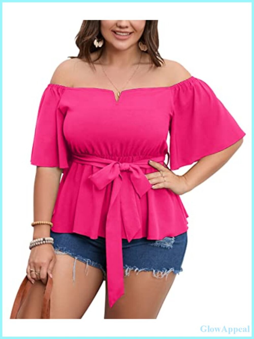 Plus Size Off Shoulder Peplum Blouse Bell Sleeve Tie Waist Ruffle Top